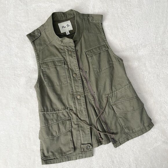 Per Se Utility Vest Women Size M Cargo Hunter Green Pockets Waist Drawstring - Picture 12 of 14